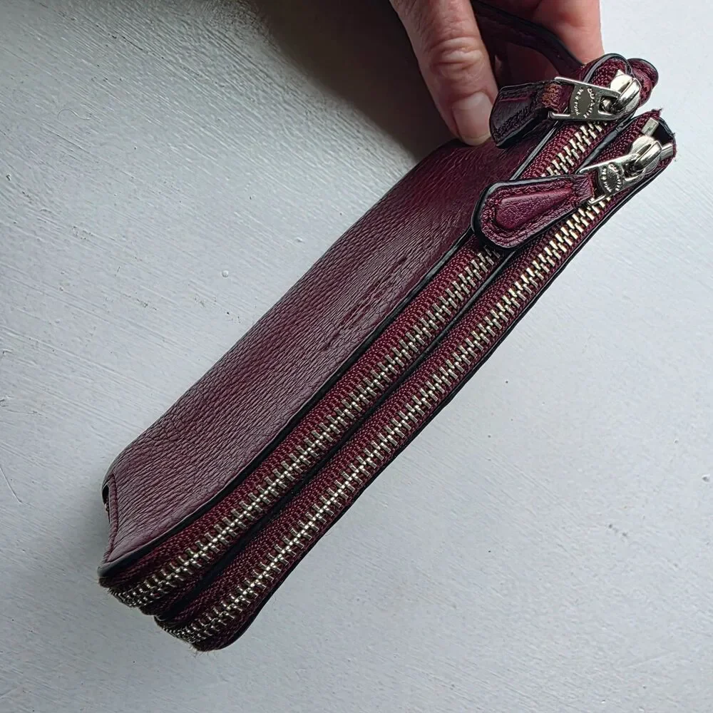 Coach Wristlet Wallet Double Corner Zip Maroon Red Leather Pouch Card Slots - Picture 5 of 11